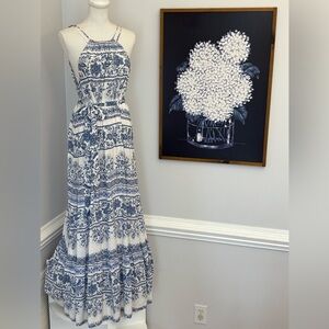 LOFT Maxi Dress Sundress High Neck Sleeveless Resortwear Vacation Floral Blue L